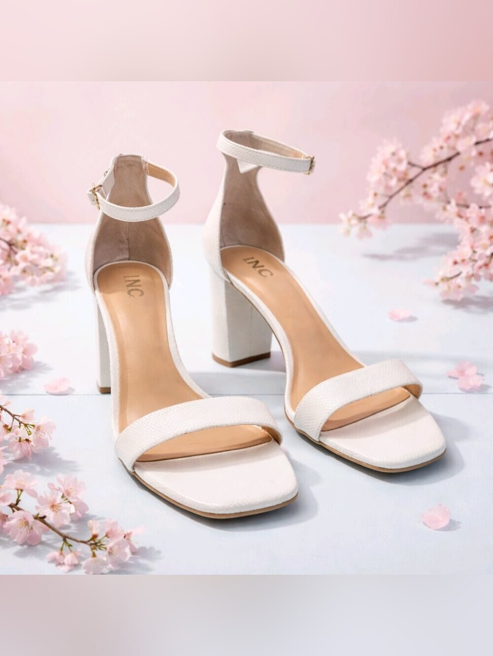 INC -NEW IN BOX- Cream Ankle-Strap Block Heel Snakeskin Sandals Sz 11